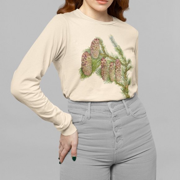 Outfit Bits Tops - Douglas Fir Vintage Botanical Print Long Sleeve Graphic Tee T-shirt S M L XL